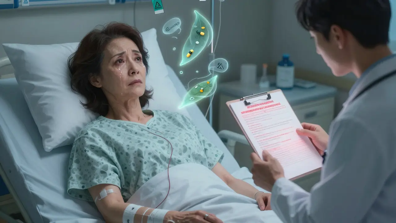 A woman in a hospital bed is surrounded by ghostly pills from a contaminated joint pain supplement.
