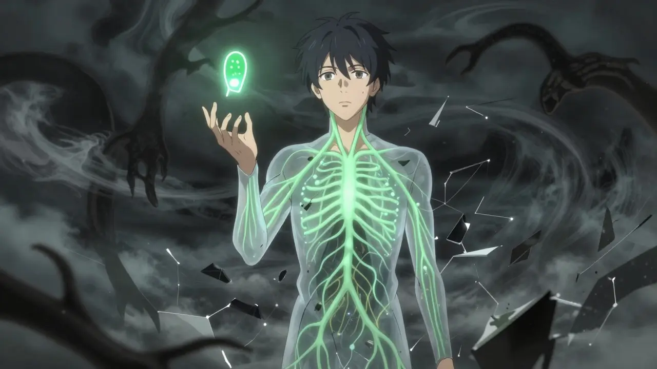 A young man with translucent body revealing damaged nerves and regrowing myelin, surrounded by storm-like immune forces.