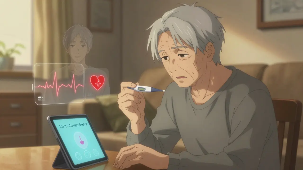 An elderly man checks his temperature at home as a medical alert glows on a tablet beside him.