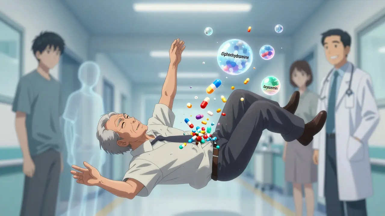 Elderly man falling slowly as glowing drug molecules spill from his pocket, surrounded by ghostly figures.