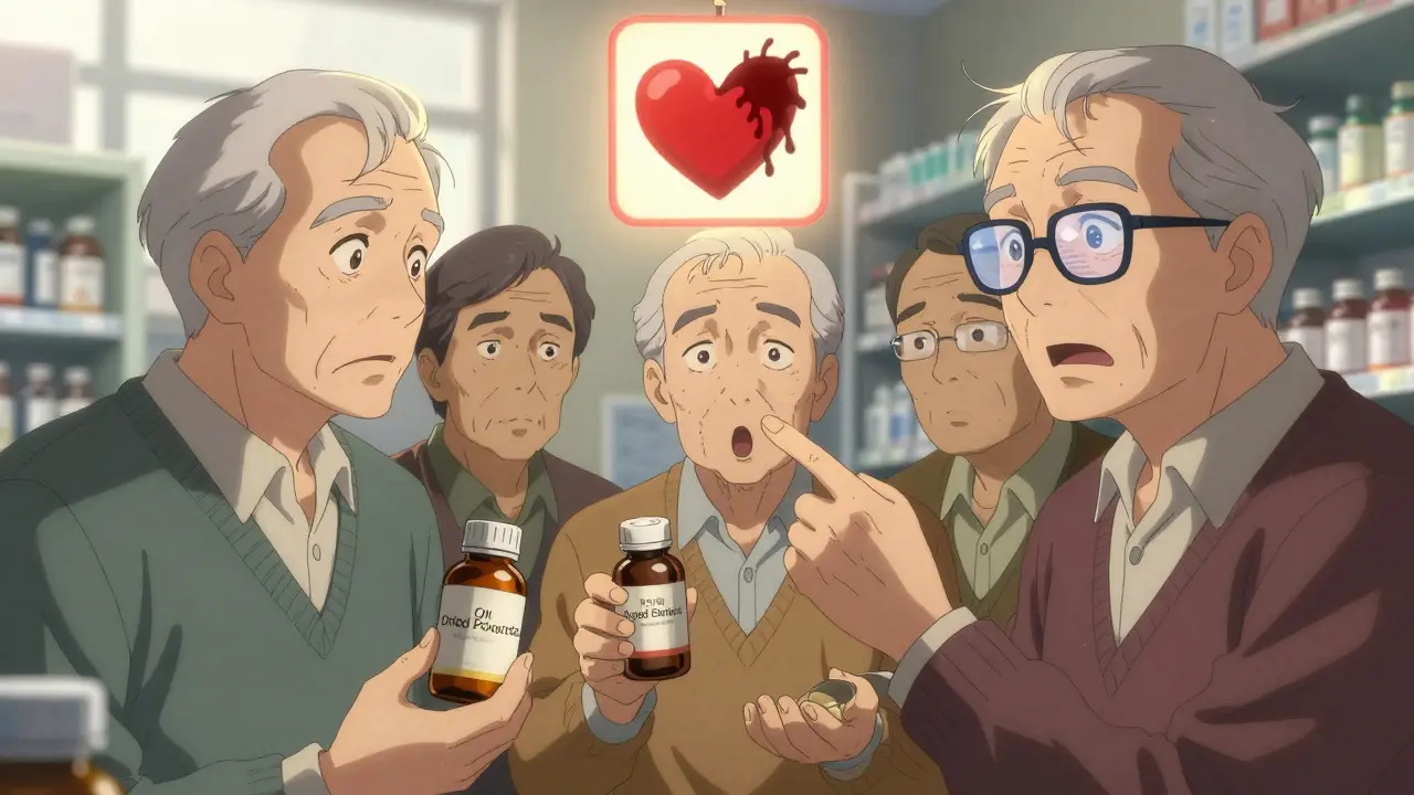 Elderly men in a pharmacy examining garlic supplement bottles, with a glowing warning heart symbol above them.