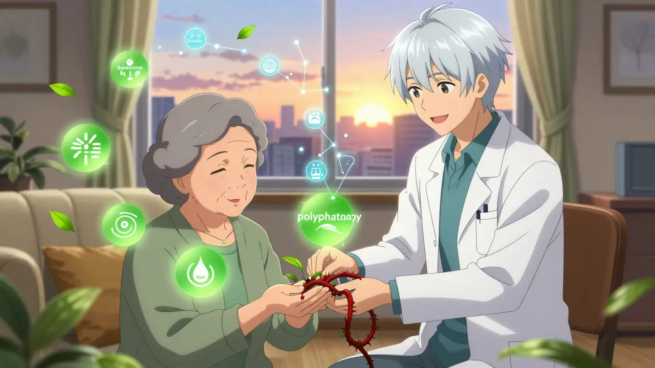Elderly woman surrounded by calming symbols as pharmacist removes harmful medication vines from her hand.