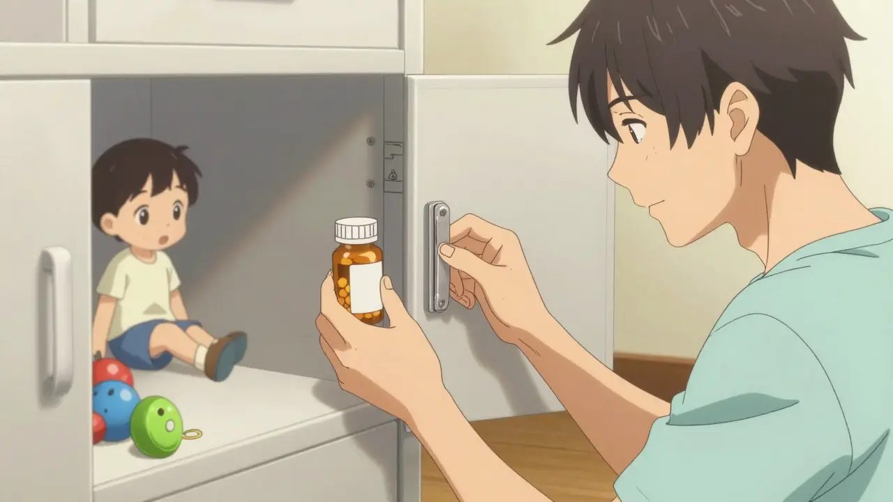 Father securing medication in locked cabinet with child playing safely