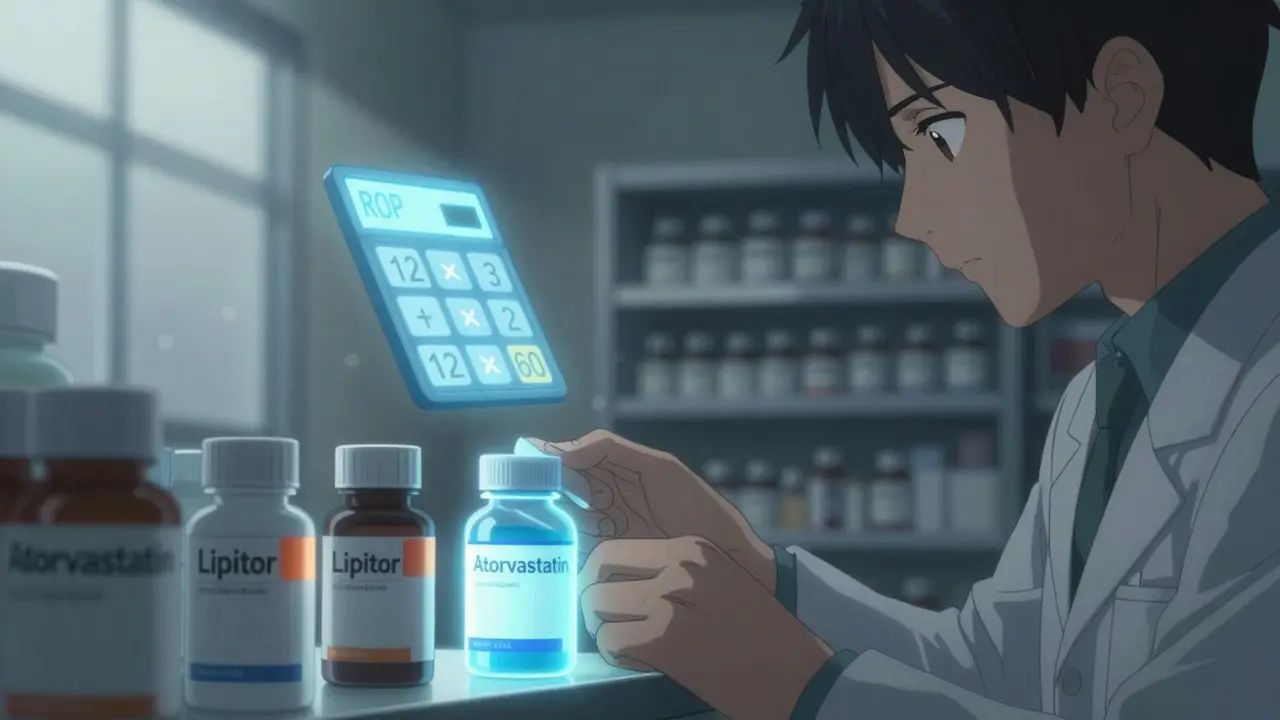 Hands rotating generic medication bottles with expiry stickers, a holographic calculator displays reorder calculations.