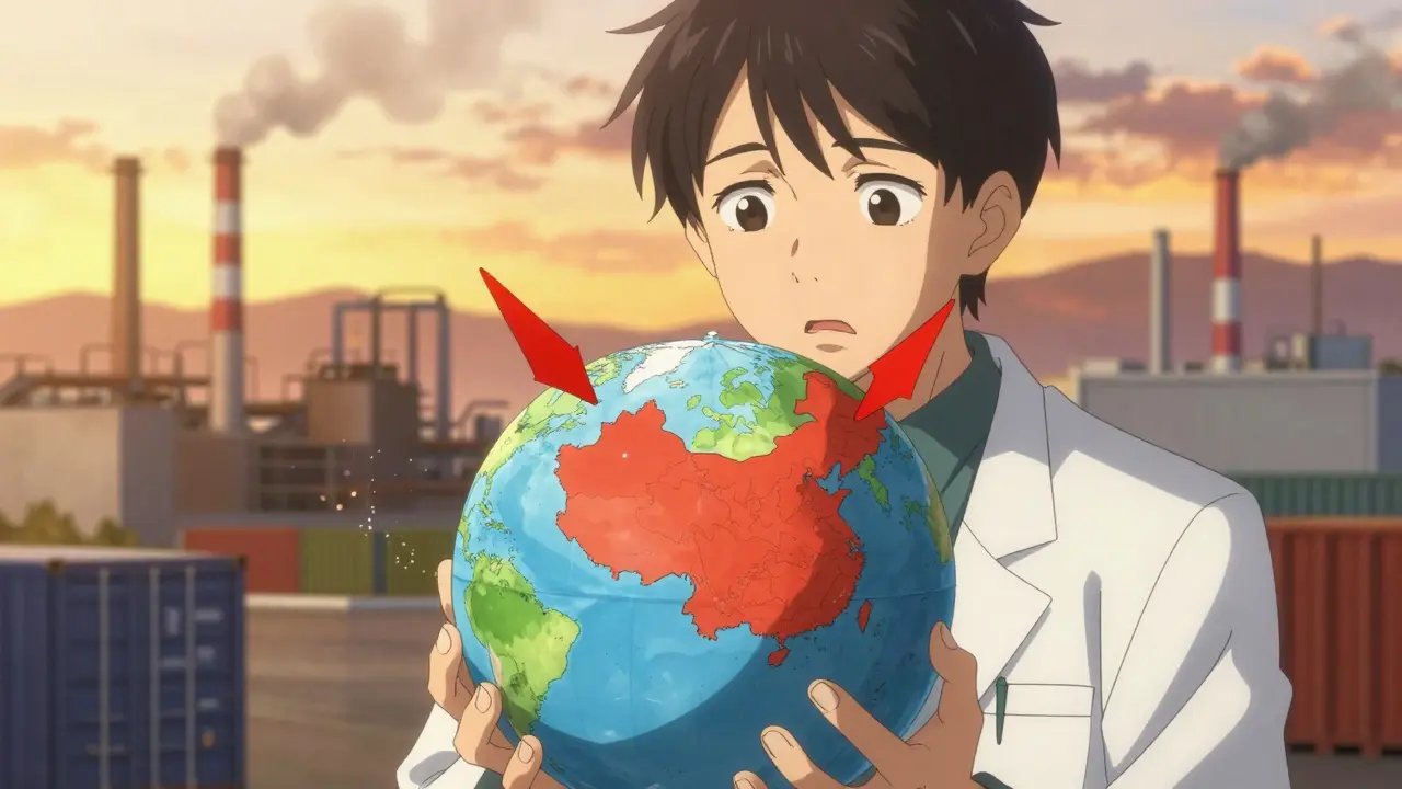 Pharmaceutical expert holding globe with red arrows pointing to China and India factories.