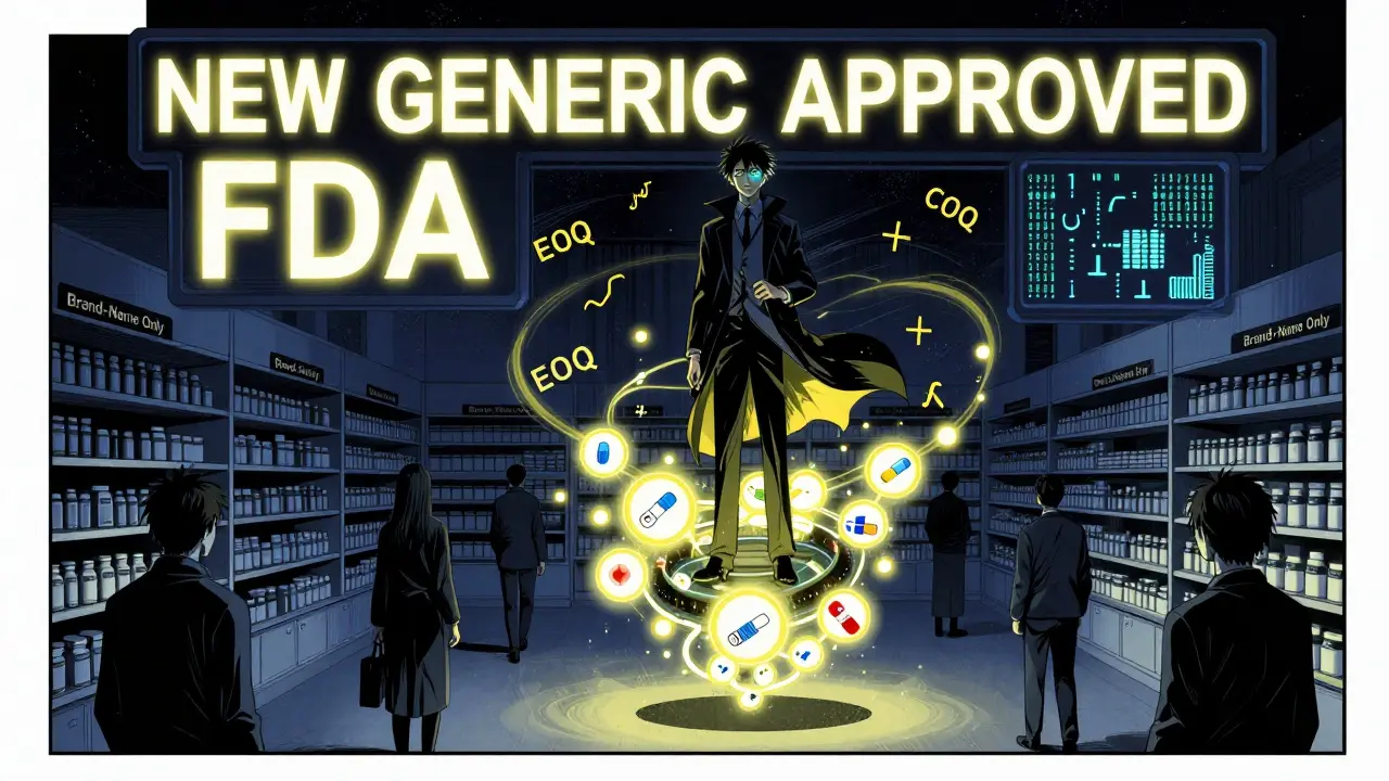 Pharmacist stands on floating drug icons as a new generic alert flashes, patients walk away from empty shelves.