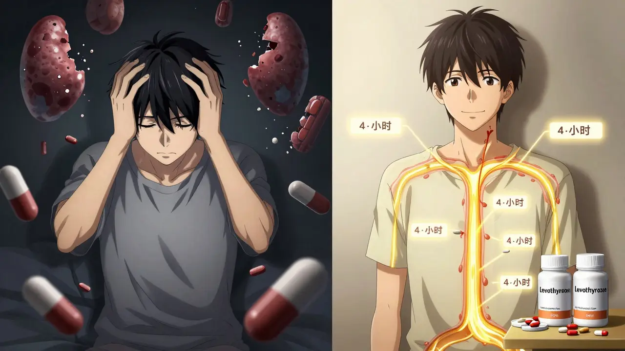 Split scene: one side shows hormone absorption blocked by supplements, the other shows smooth absorption with proper timing.