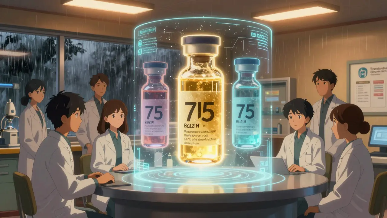 Team working in a regional pharmaceutical hub with a hologram of insulin vials from a strategic stockpile.