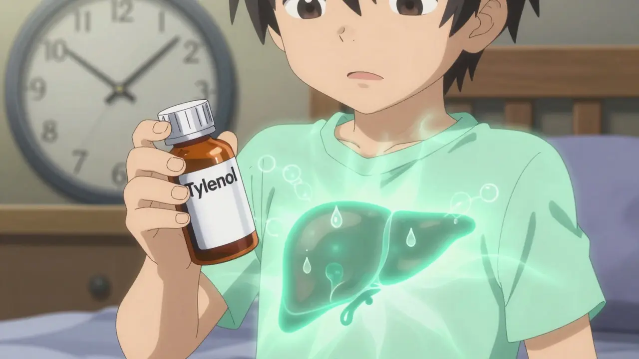 A child holds a medicine bottle as a ghostly green aura represents internal liver damage spreading from their chest.