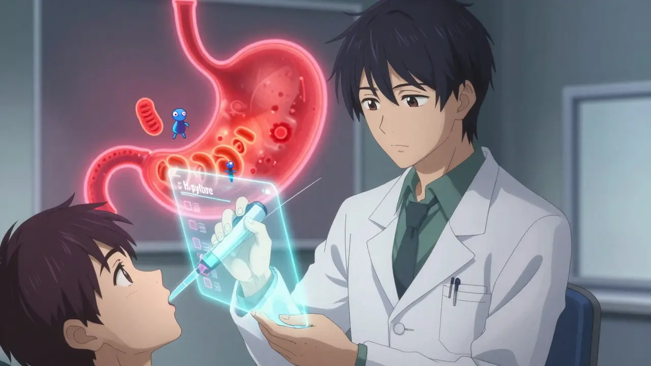 A doctor administers a urea breath test as holographic H. pylori markers glow above the patient.