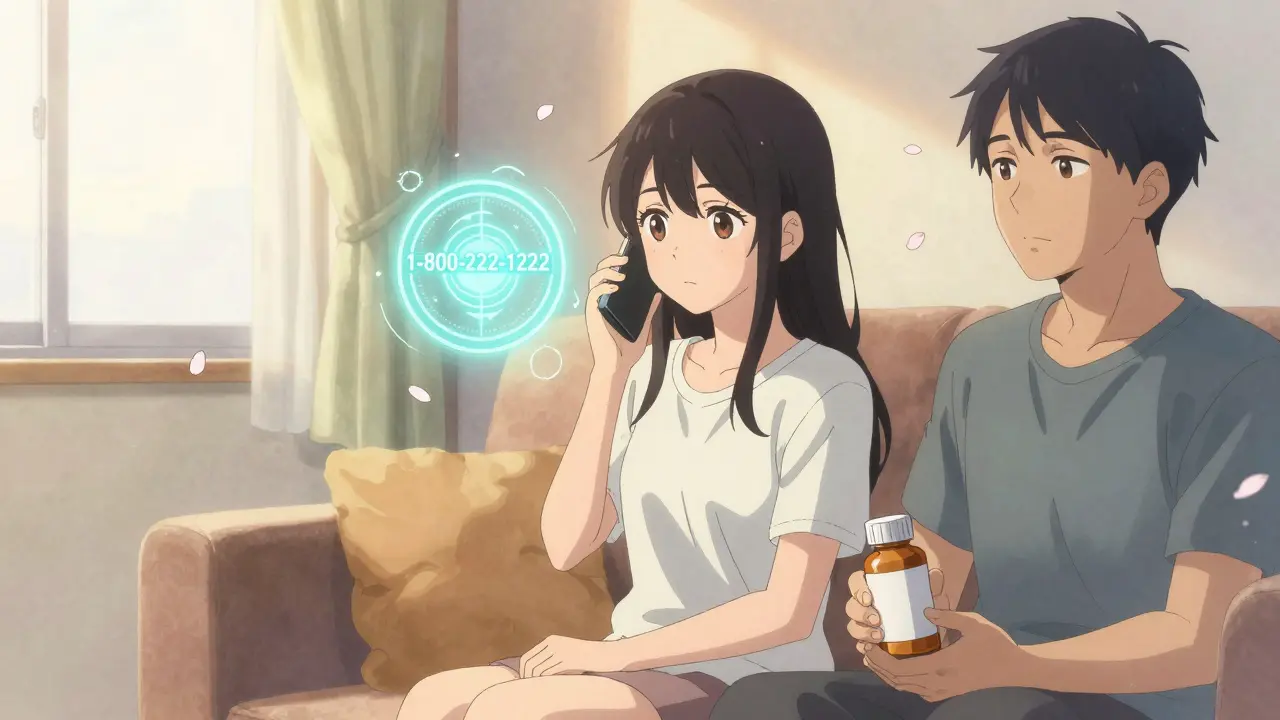 A girl calls Poison Control while an adult sits calmly with a medication bottle, cherry blossoms drifting, in anime style.