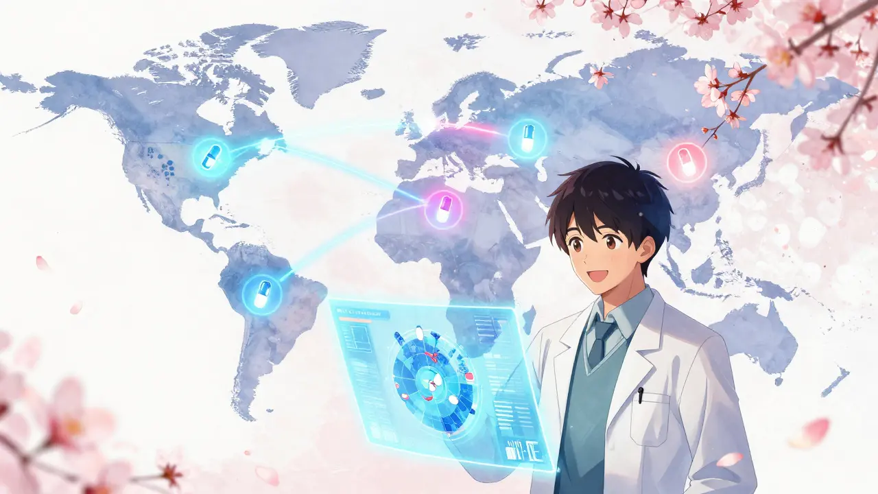 A global map with glowing drug icons and a young analyst studying biosimilar data in a futuristic lab.