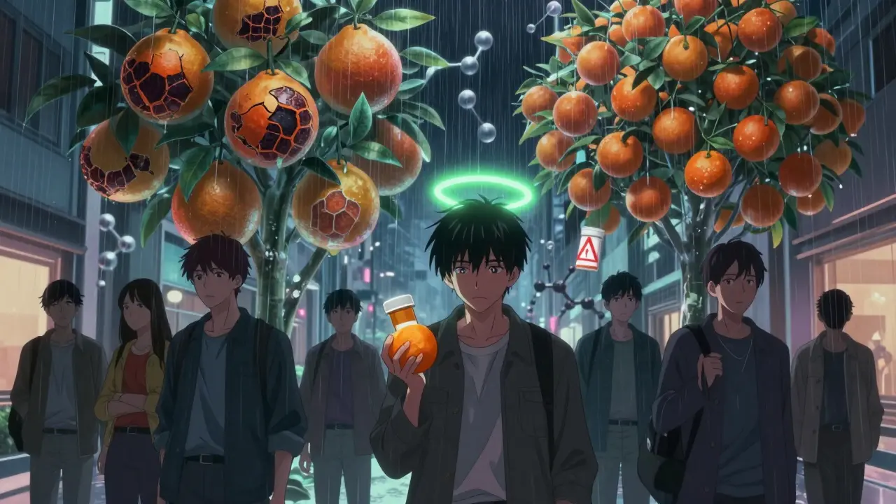 A group of people with safe and dangerous citrus fruits, one glowing green, others dark and cracked.