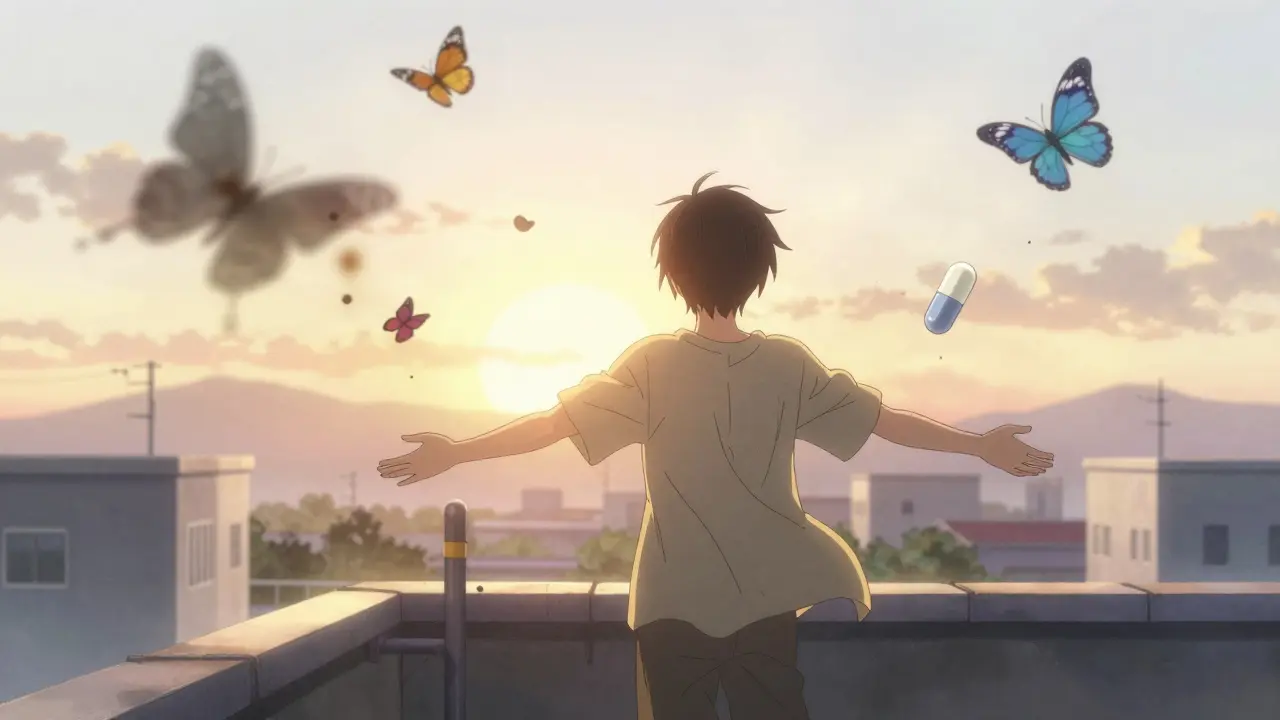 A healed patient stands at sunrise as symbols of past illness transform into butterflies.