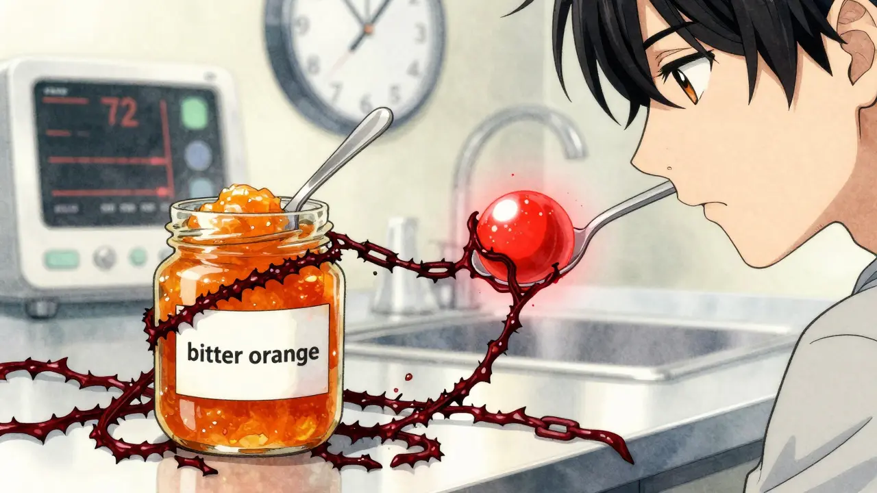 A jar of Seville orange marmalade with dark vines wrapping around a pill, clock showing 72 hours.