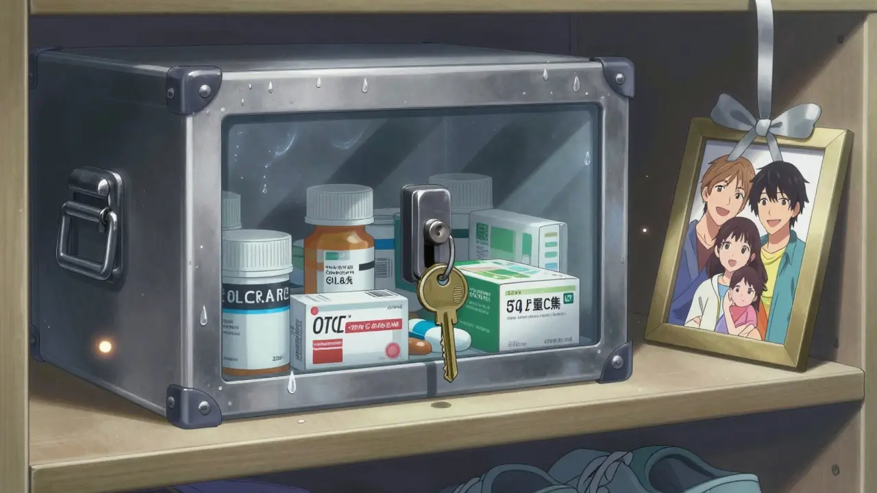 A locked metal lockbox on a bedroom shelf with a family photo, containing sorted medications and a hanging key.