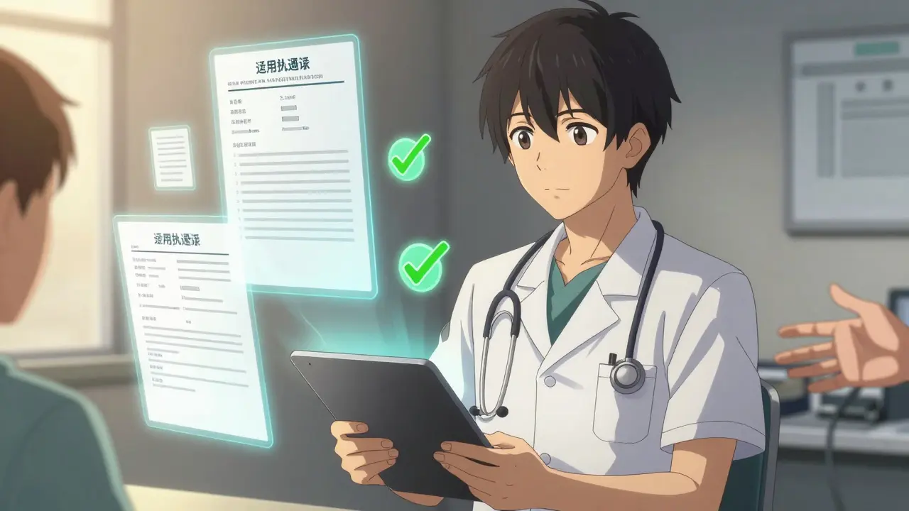 A medical assistant submits electronic prior auth documents, holograms glowing green, patient reaching out.