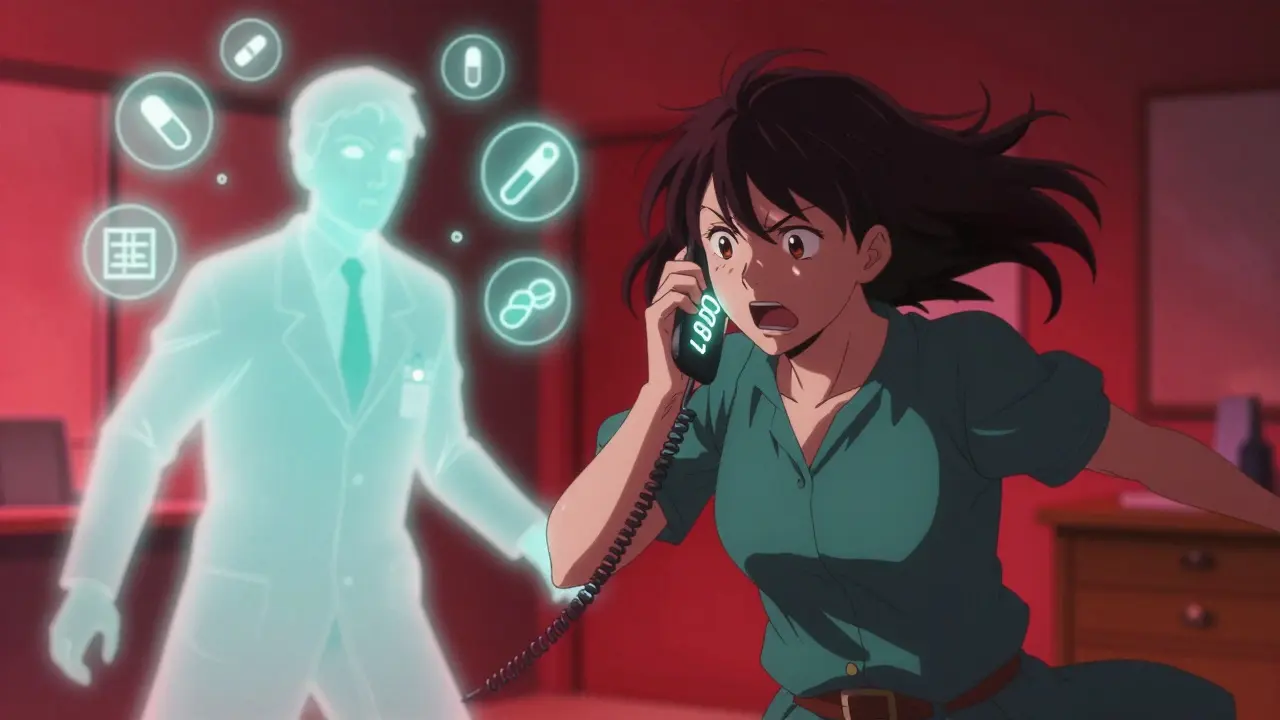 A mother calls Poison Control as a translucent toxicologist appears beside her with floating medicine icons.