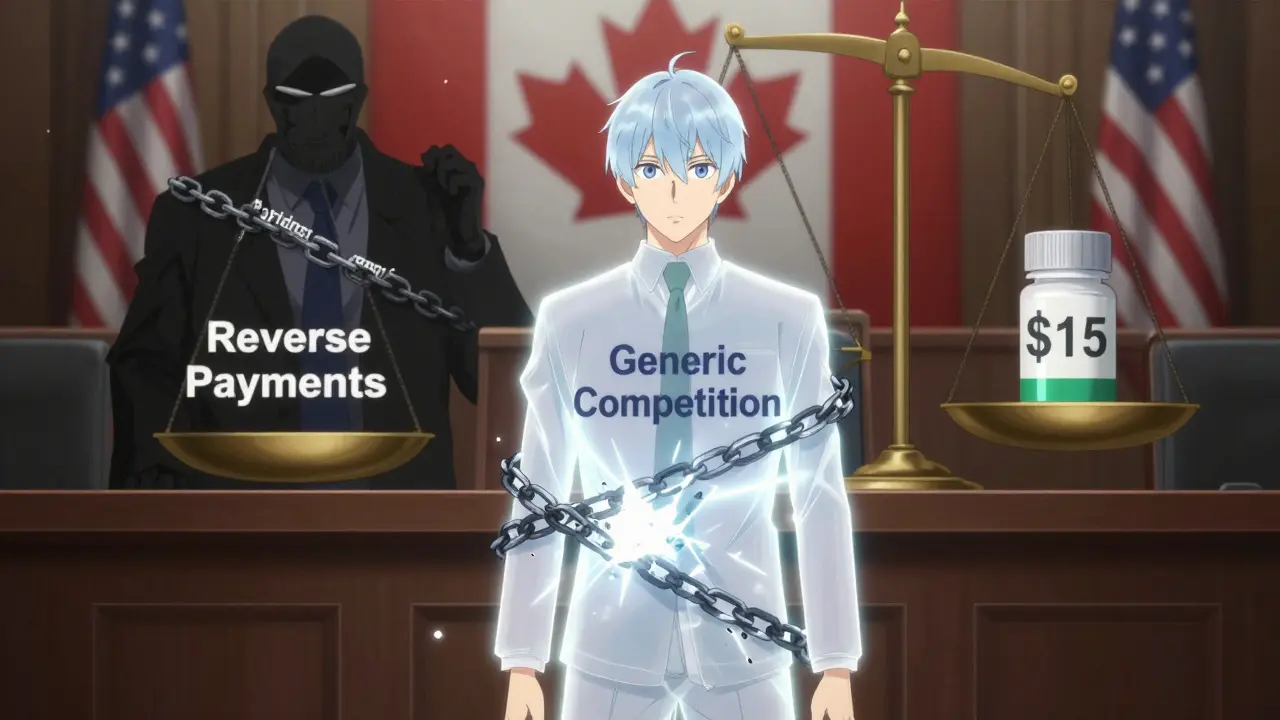 A noble figure of generic competition breaking chains of corporate tactics in a glowing courtroom scene.