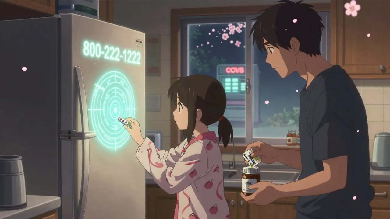 A poison control number glowing on a fridge, with a child taking meds and a disposal packet nearby under warm kitchen light.