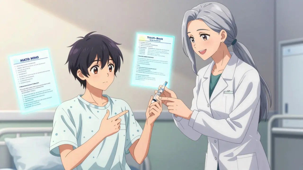 A teenager demonstrates proper insulin use with a certified interpreter watching approvingly in a hospital setting.