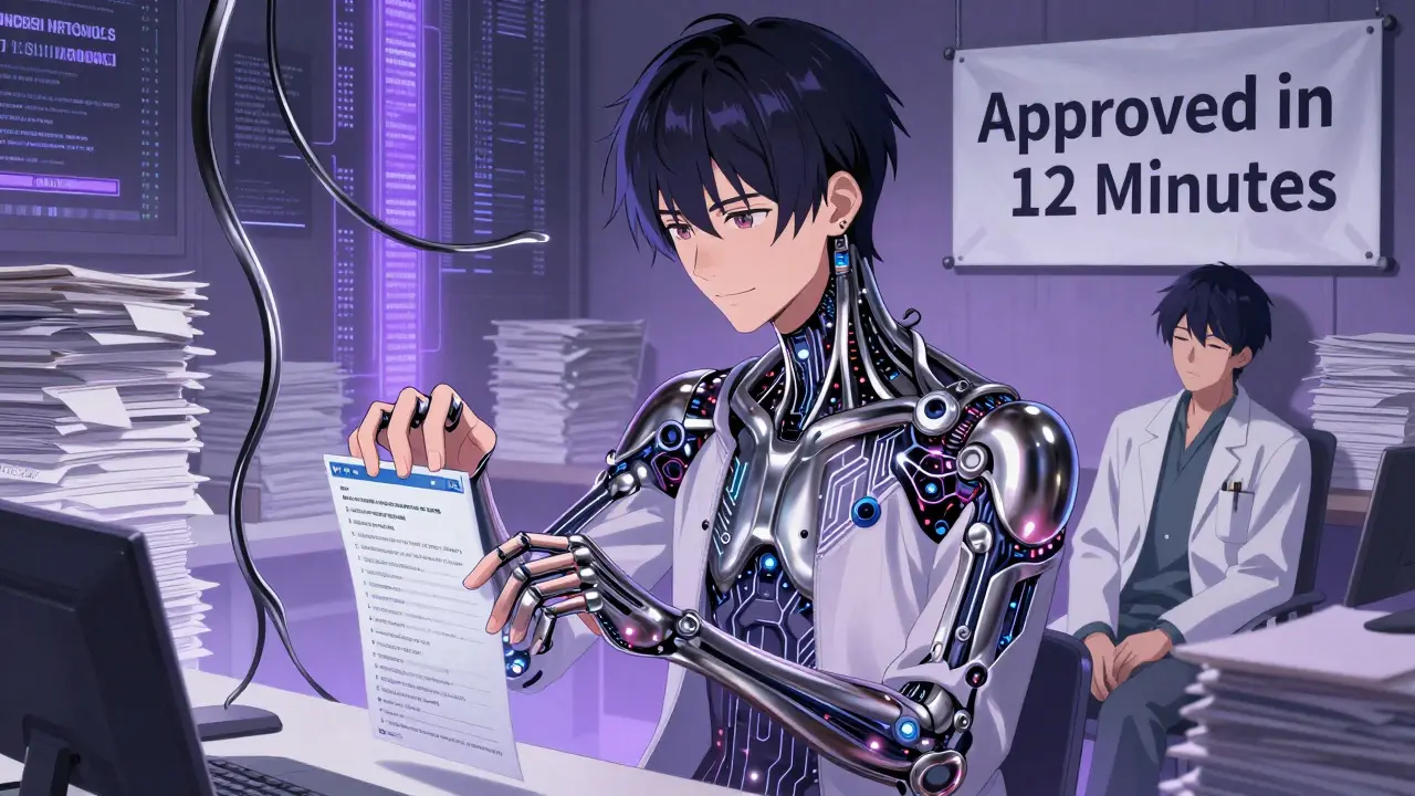 An AI system rapidly approves generic drug requests, doctor smiles as paper chaos turns to digital flow.