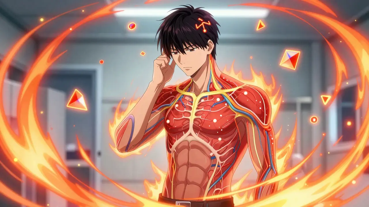 An illustration of a man affected by medication heat waves and chemical symbols.