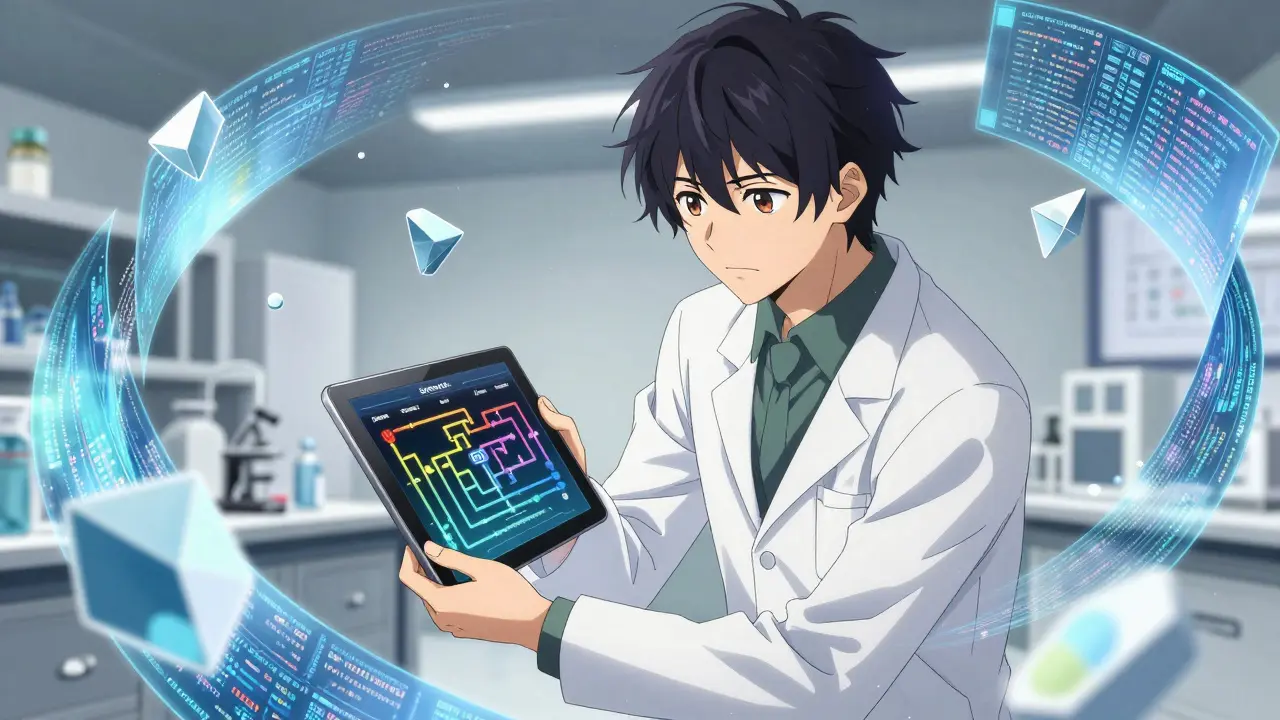 Anime scientist analyzing files with holographic priority data