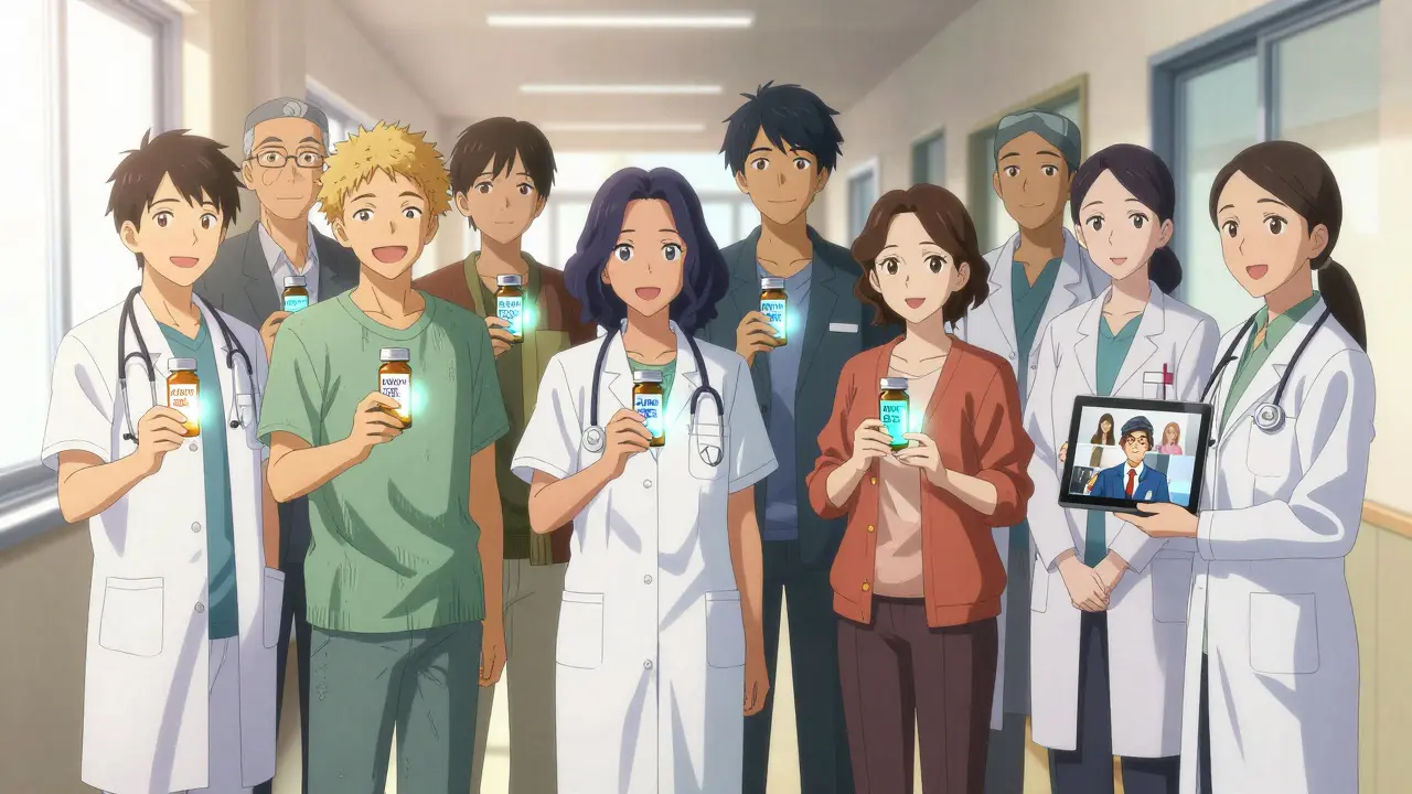 Diverse patients hold translated prescription bottles as professional interpreters smile nearby in a hopeful clinic hallway.