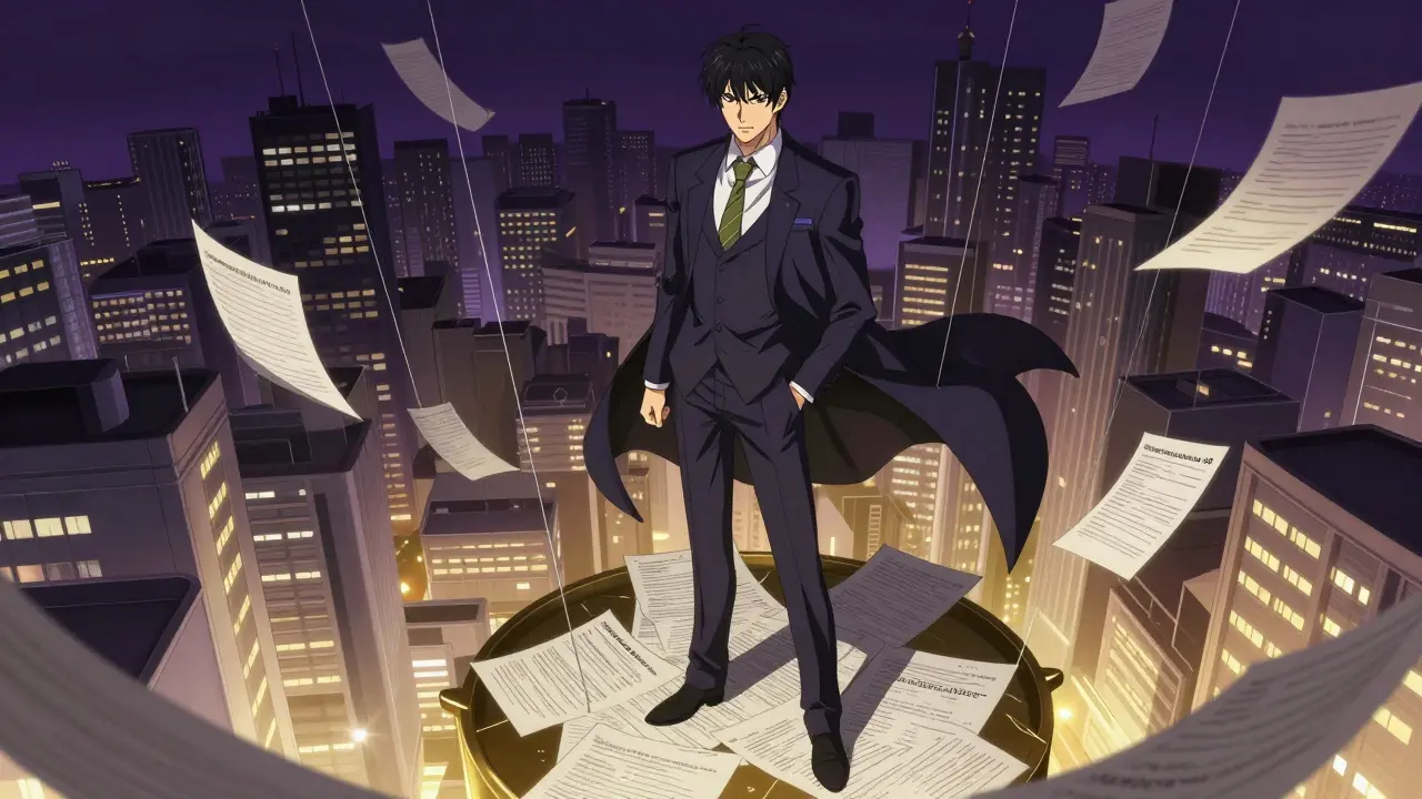 Executive stands on a floating platform overlooking a hospital cityscape.