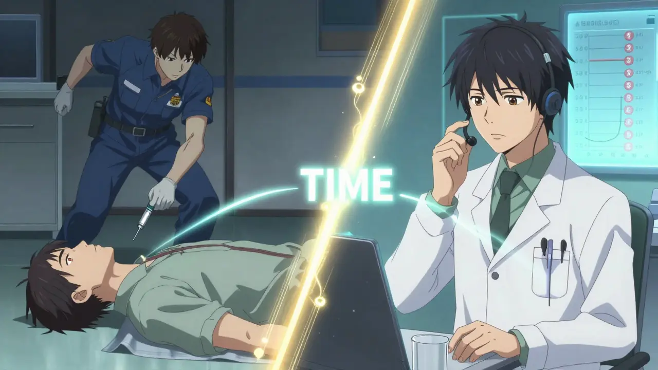 Split scene: paramedic administers naloxone on left, toxicologist advises on right, connected by glowing timeline, in anime style.