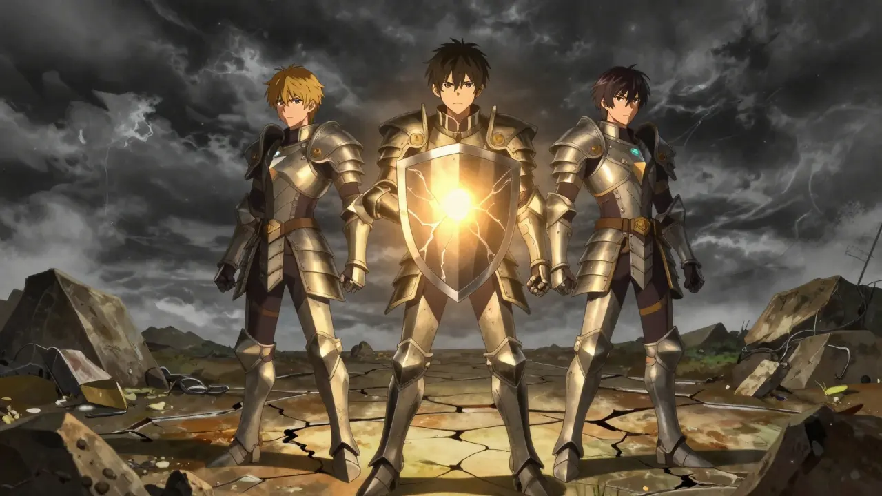 Three armored guardians hold a light shield over a supply chain path.