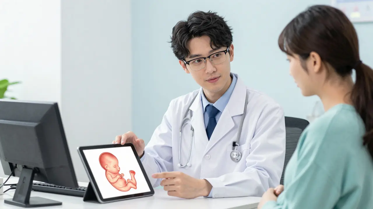 A handsome male doctor consulting with a pregnant woman in a clinic.
