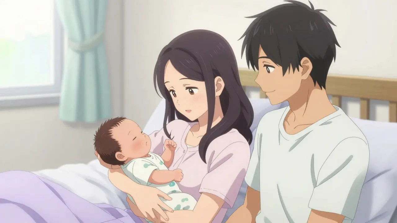 A happy couple with their newborn baby in a serene, brightly lit room.