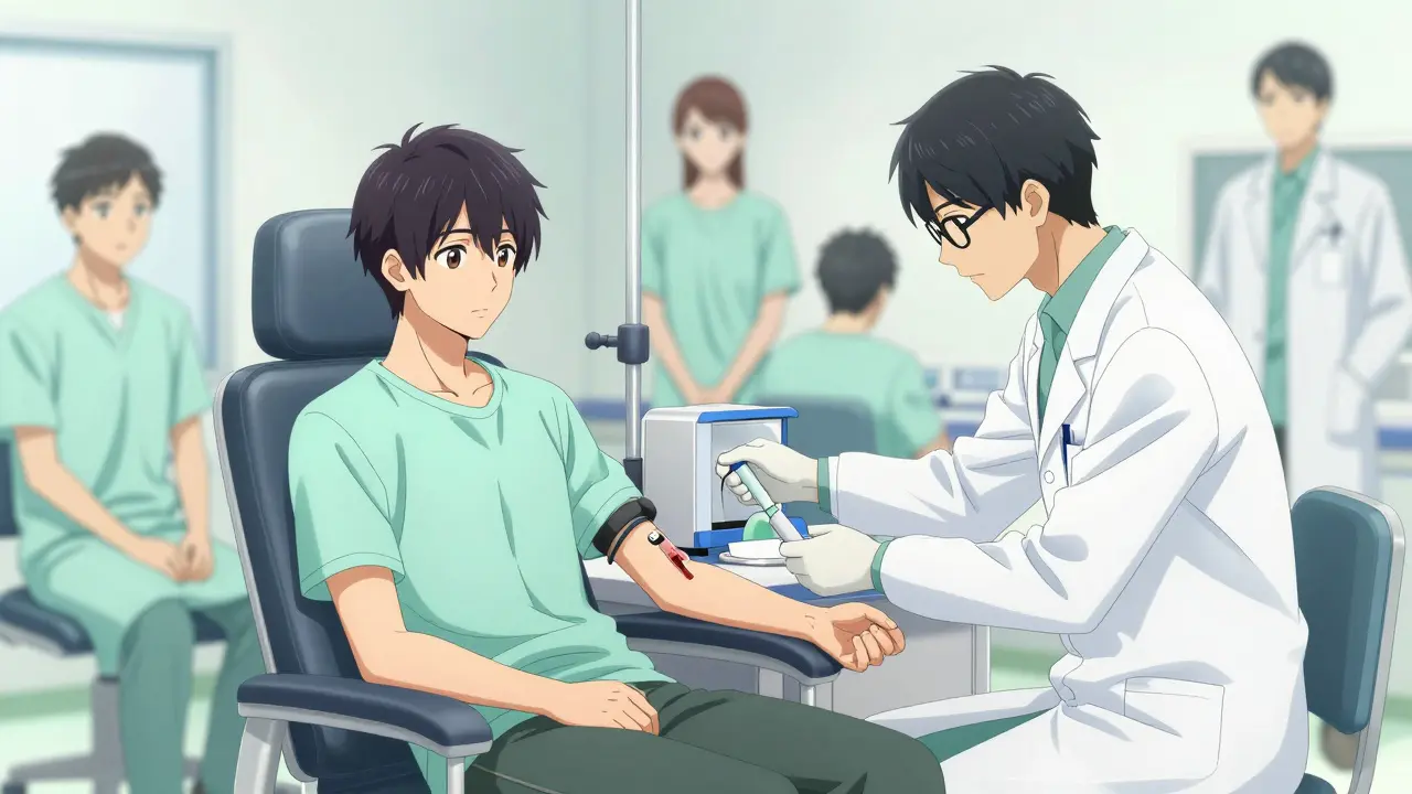 Anime clinical trial showing volunteers and a researcher in a modern clinic