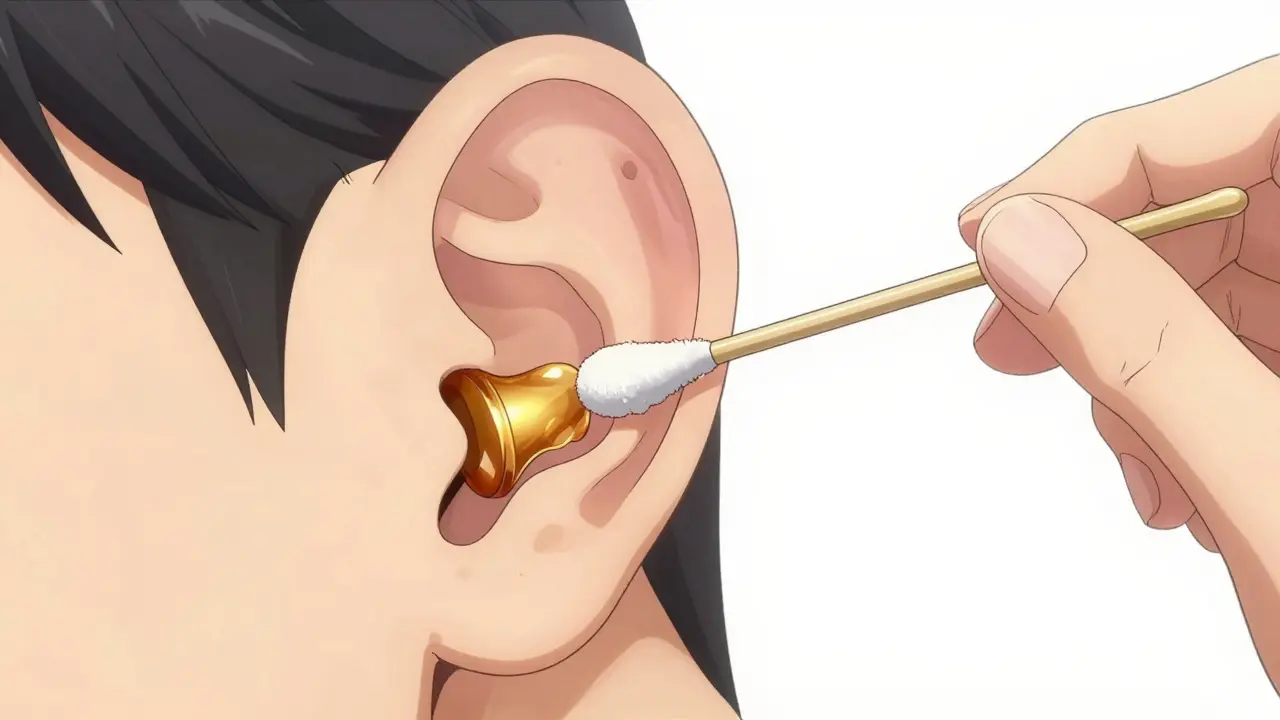 Anime diagram of a cotton swab pushing earwax deeper into the ear canal.