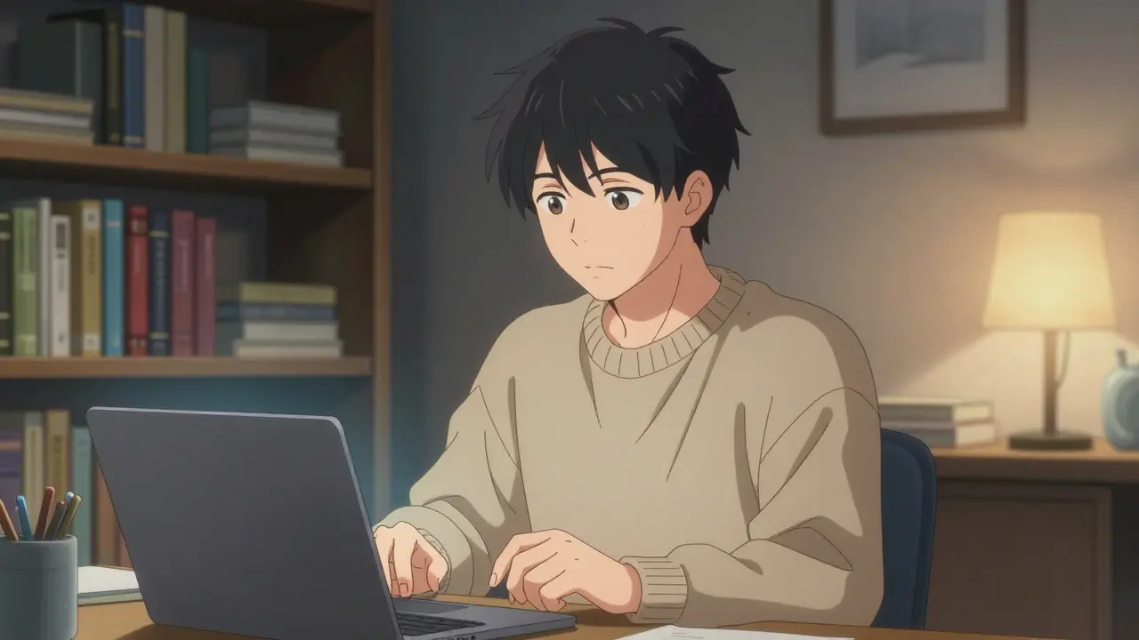 Anime man in a cozy room having a video consultation with a doctor.