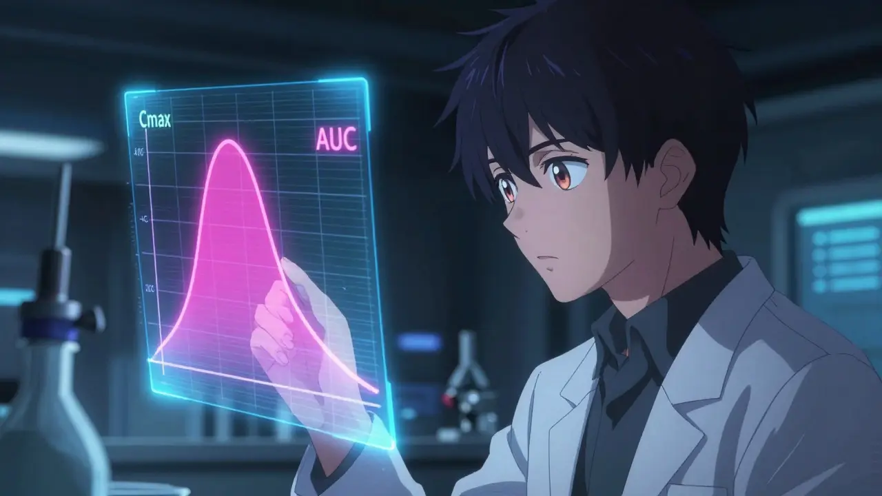 Anime researcher analyzing drug concentration curves on a holographic display