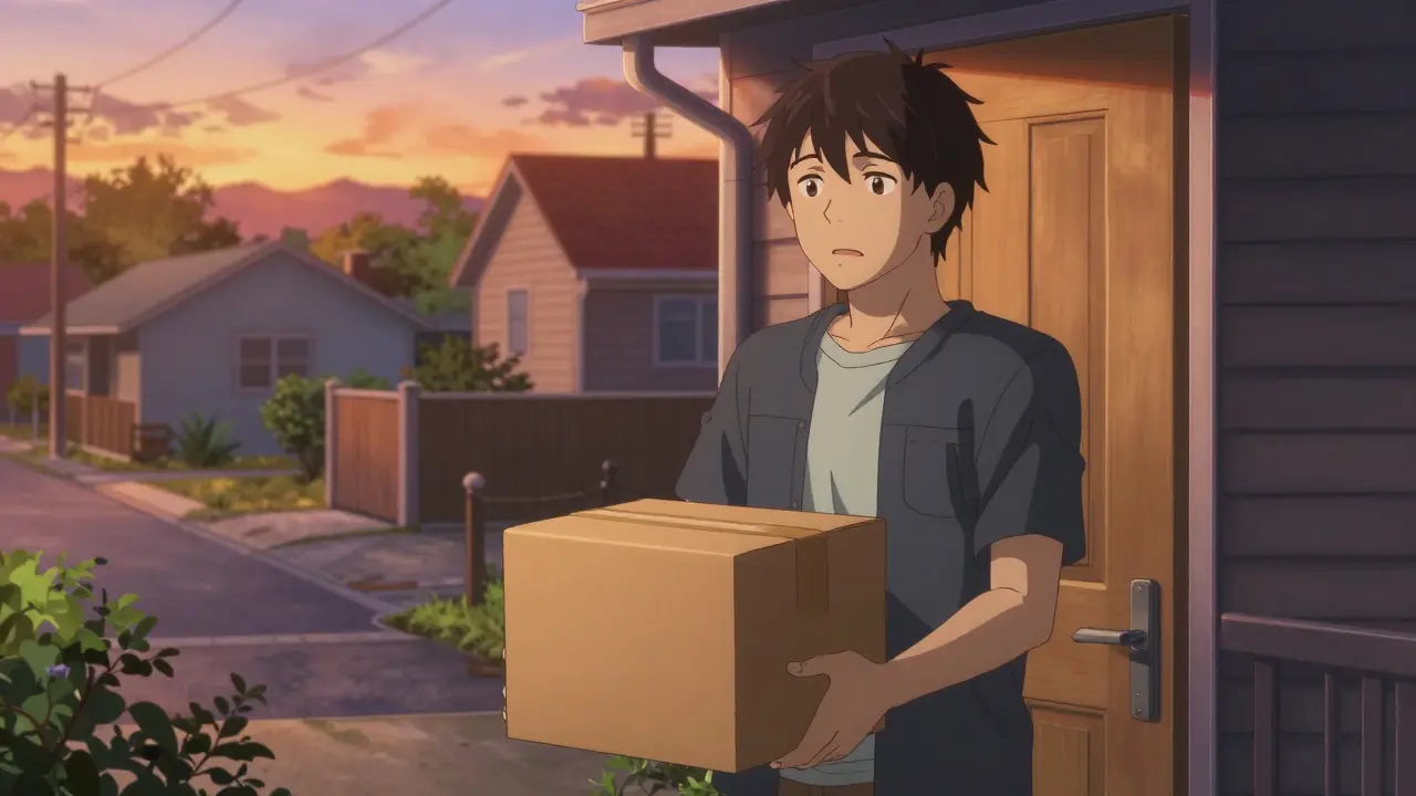 Attractive anime man receiving a discreet package at his door