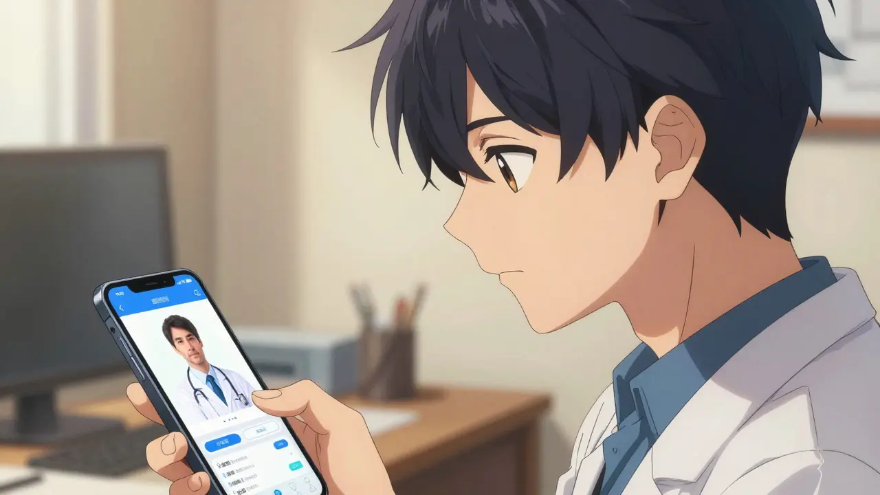 Bishounen character using a smartphone for a medical consultation