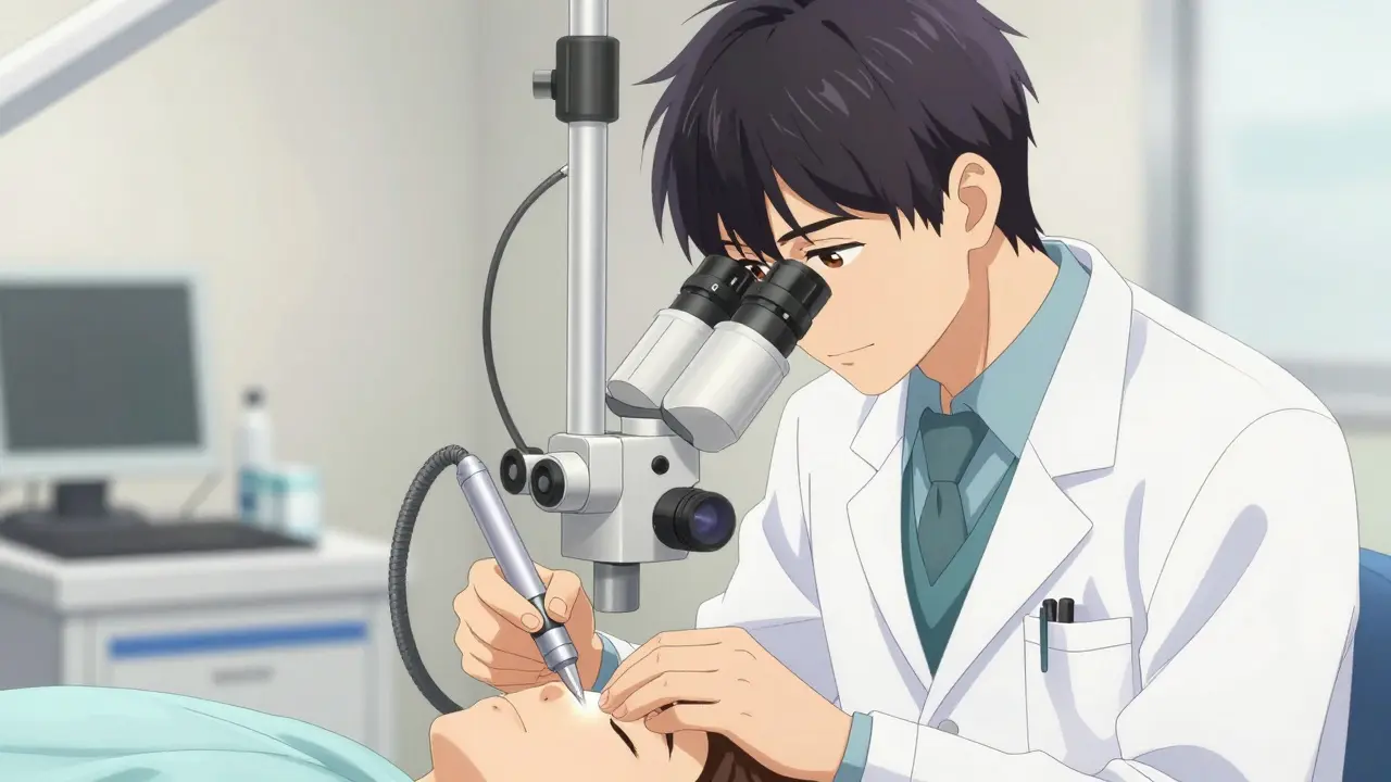 Bishounen doctor performing a precise microsuction earwax removal procedure.