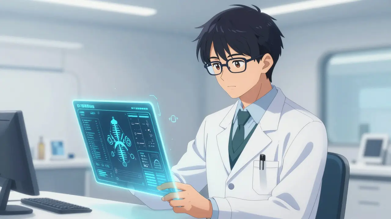 Bishounen style doctor reviewing a digital medical chart in a futuristic clinic