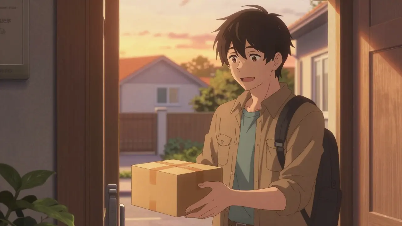 Bishounen style man smiling while receiving a delivered package at his home