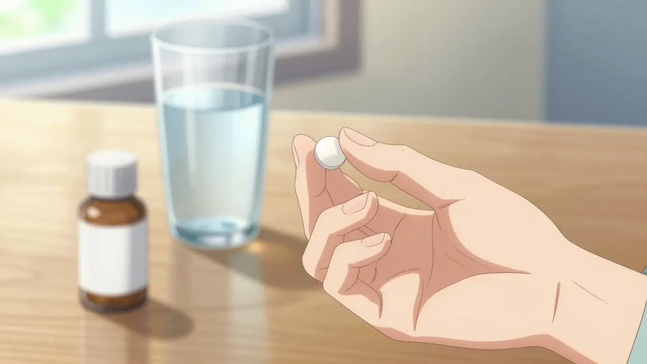 Close-up of an anime hand holding a small white generic pill.
