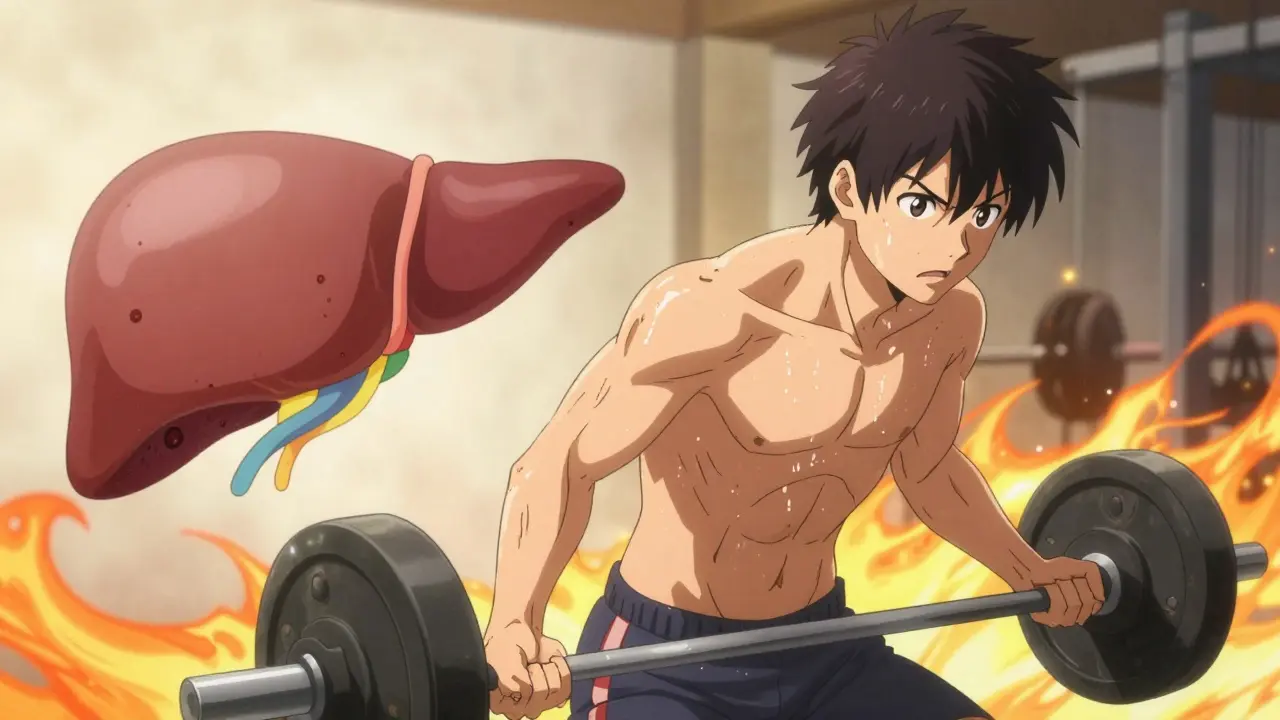 Determined anime man lifting weights with a conceptual liver healing in the background.