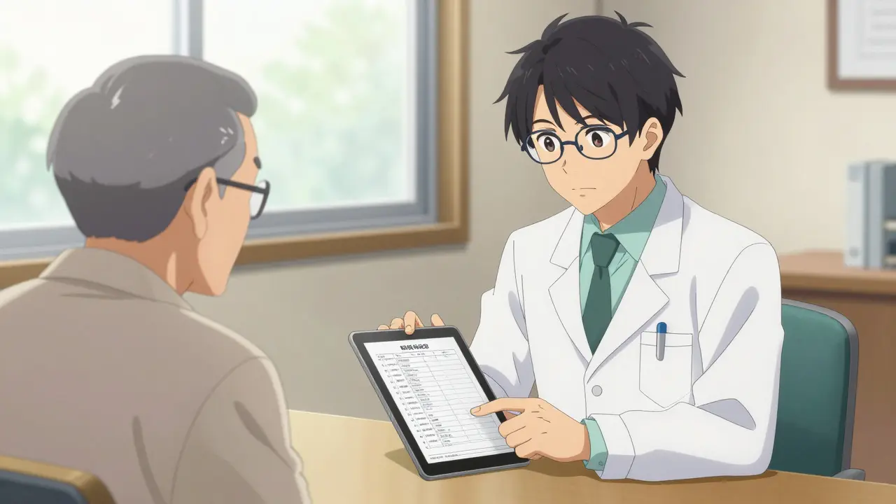 Elegant anime pharmacist reviewing a medication list with an elderly patient