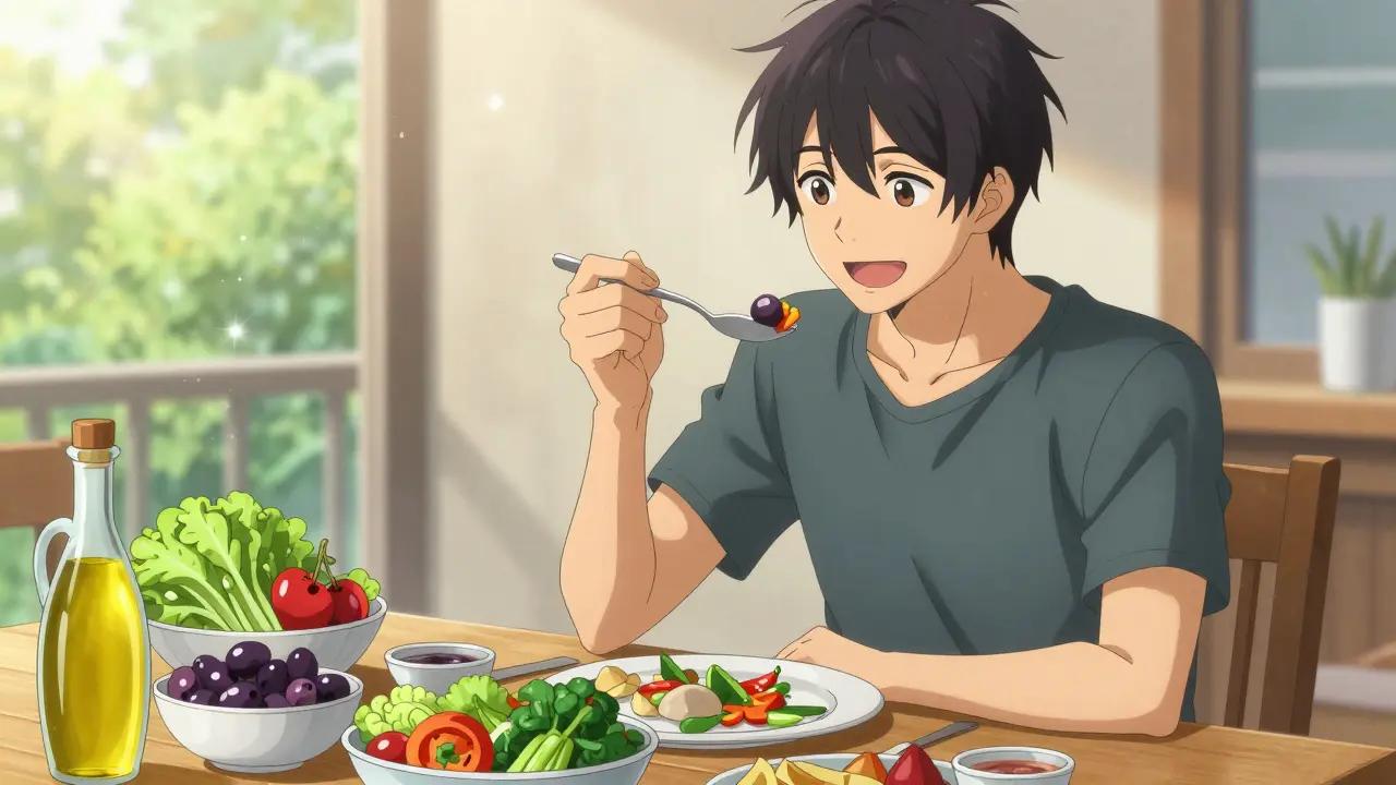 Healthy anime man eating a Mediterranean diet with fresh vegetables and olive oil.