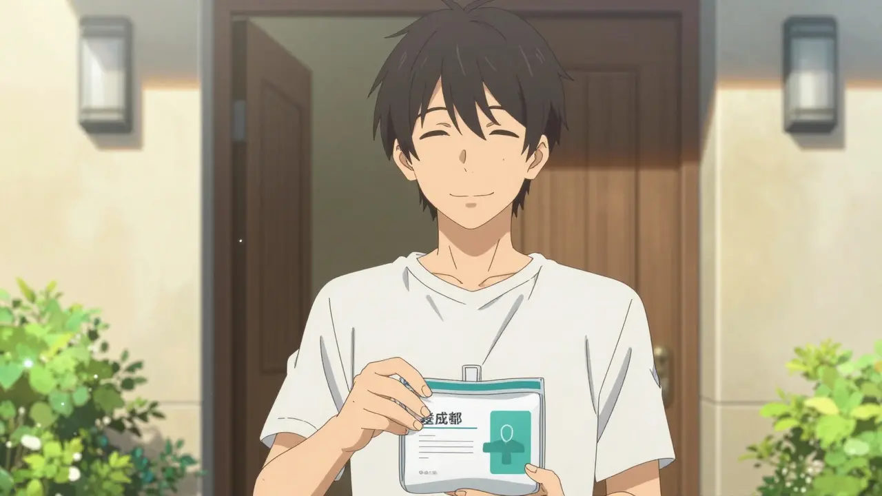 Relieved young man holding a delivered medication package at his home