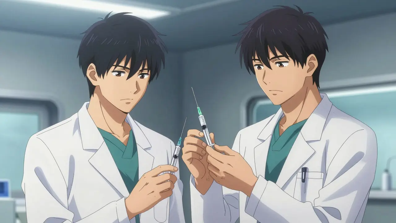 Two handsome anime doctors double-checking a high-alert medication dose