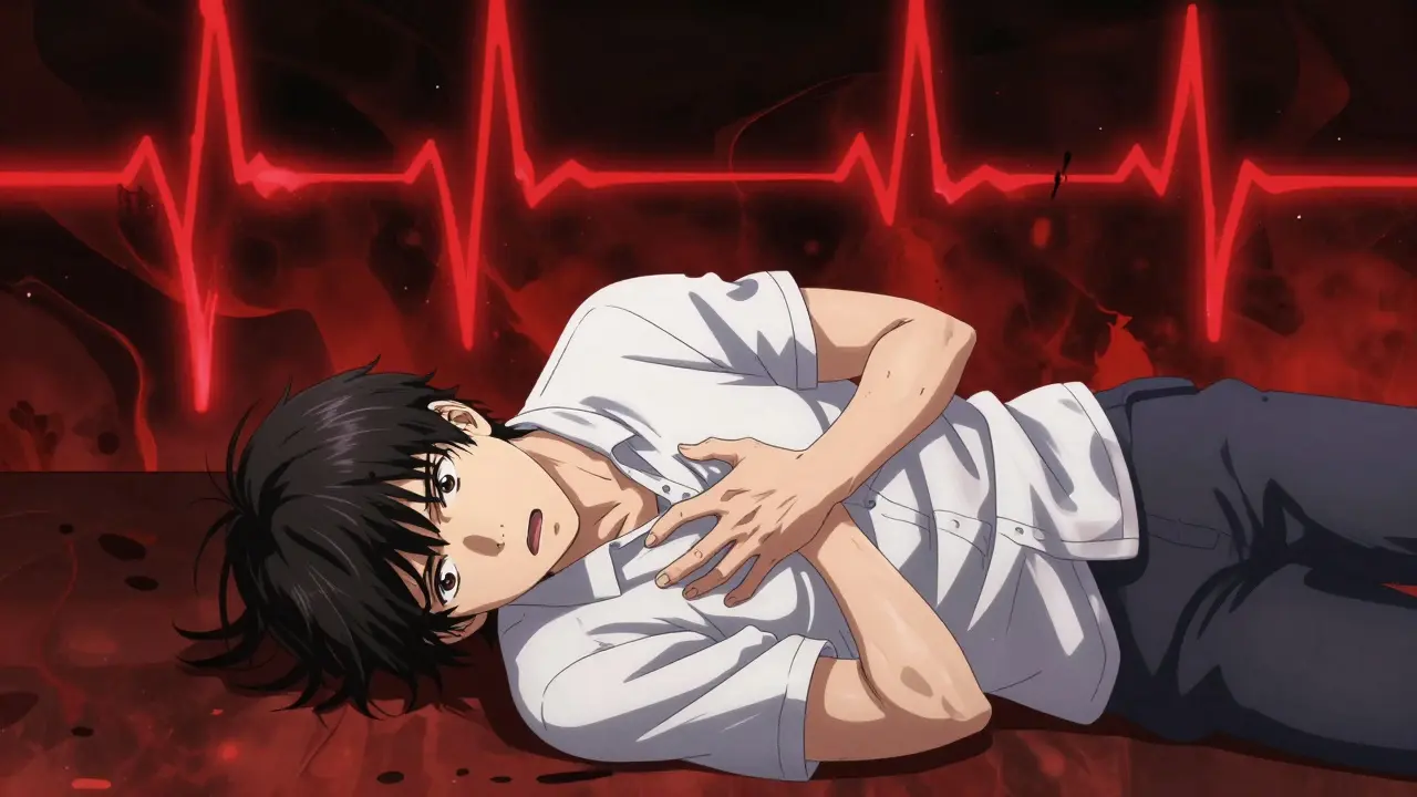 Anime character collapsing in pain from heart distress
